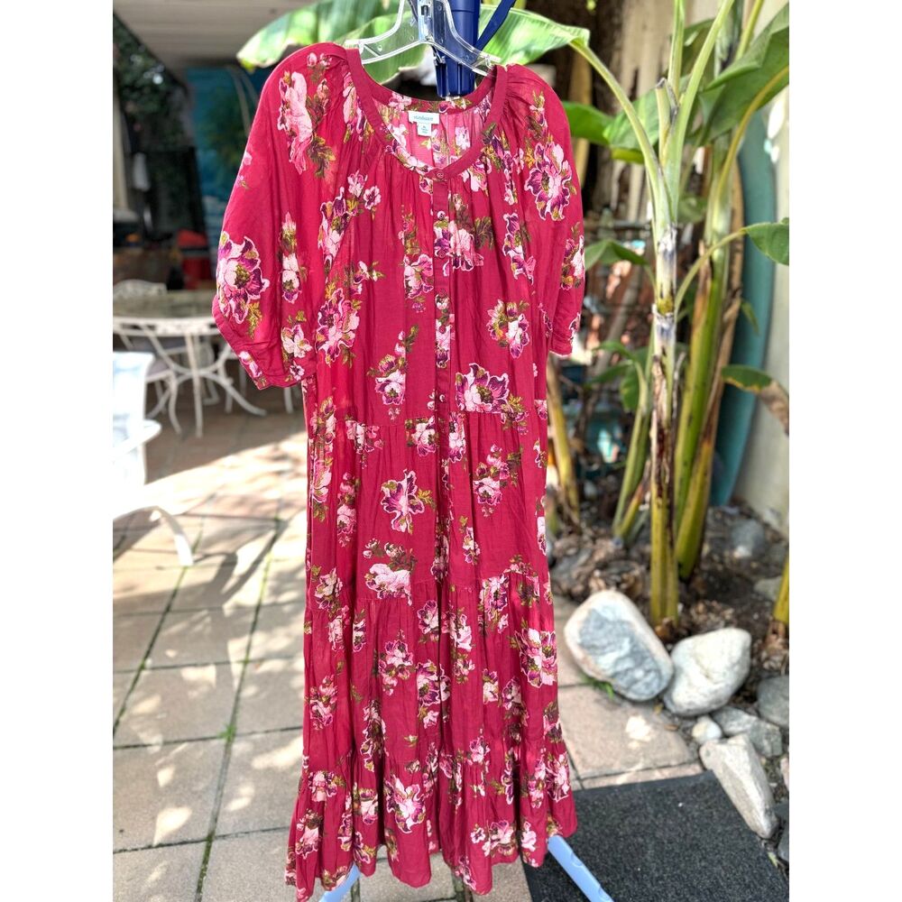 NWOT Sundance Marnie Cherry Red Floral 3 Tier Maxi Dres SZ XL Slight Oversized